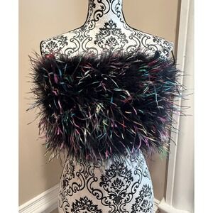 CLOTHES Black Feather Tube Top Multi Color Accents Smocked Back XL Whimsygoth